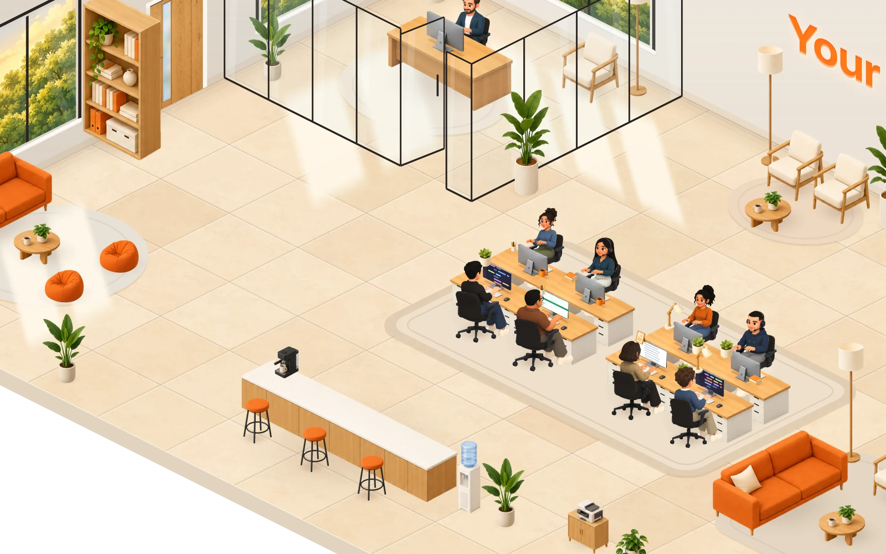 Desks in the Horapod office, each person at work on their own screen.