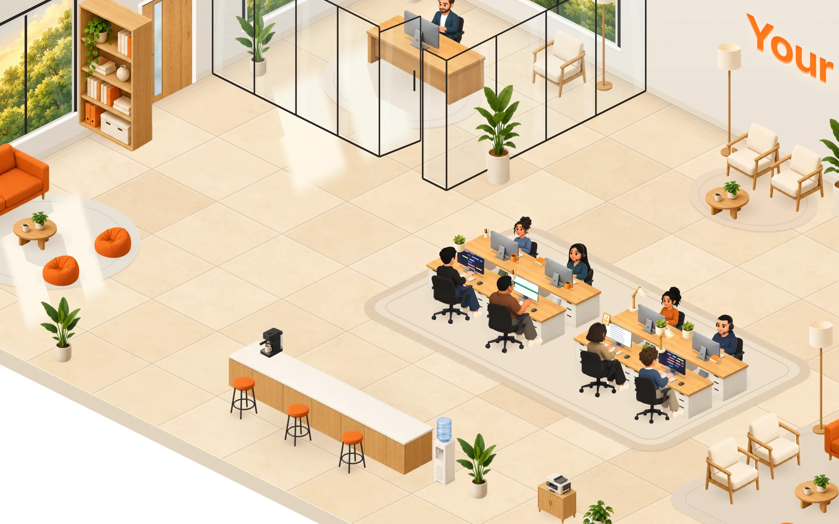 Desks in the Horapod office, each person at work on their own screen.