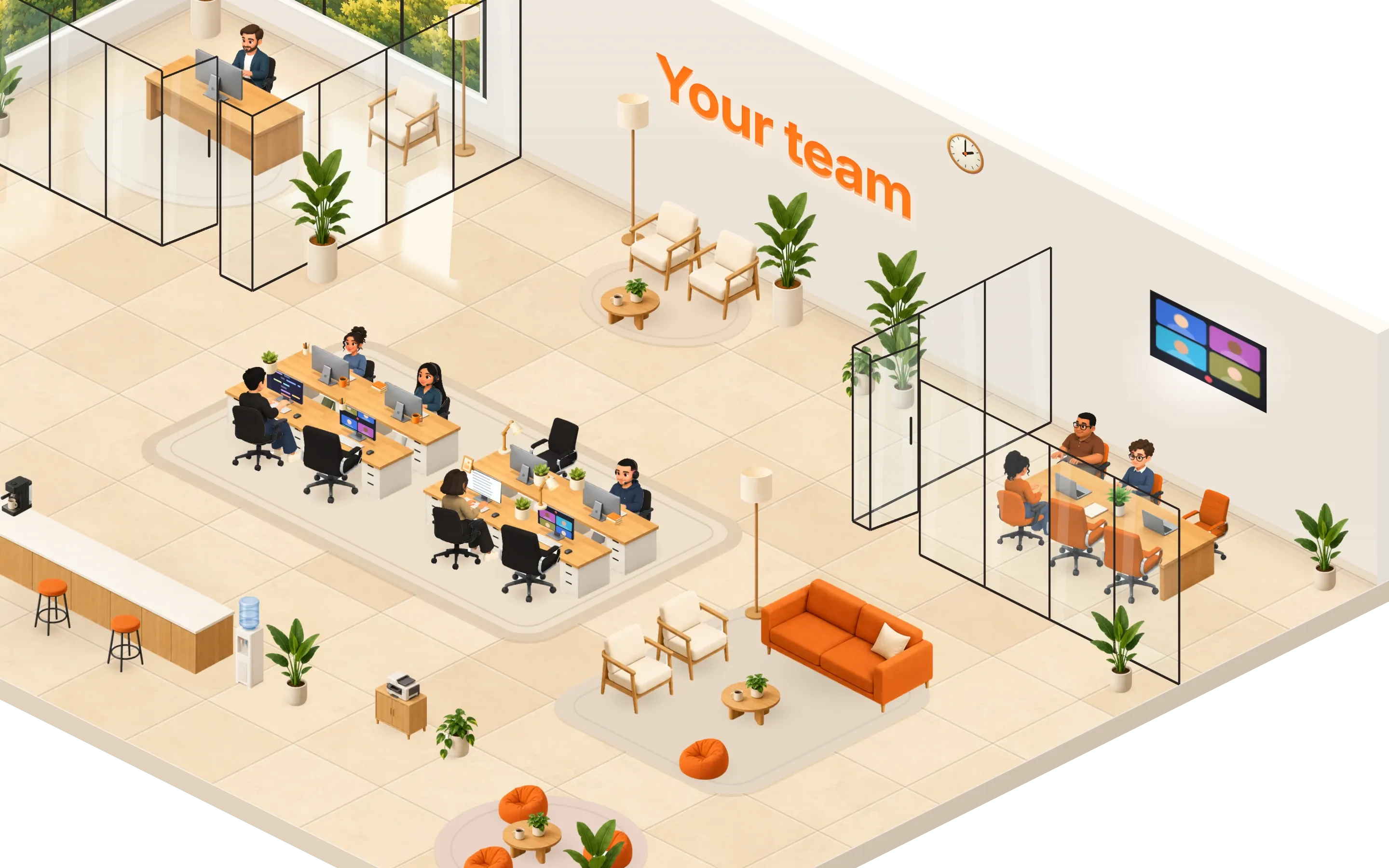 The Horapod office: the team at their desks, three of them in the meeting room.