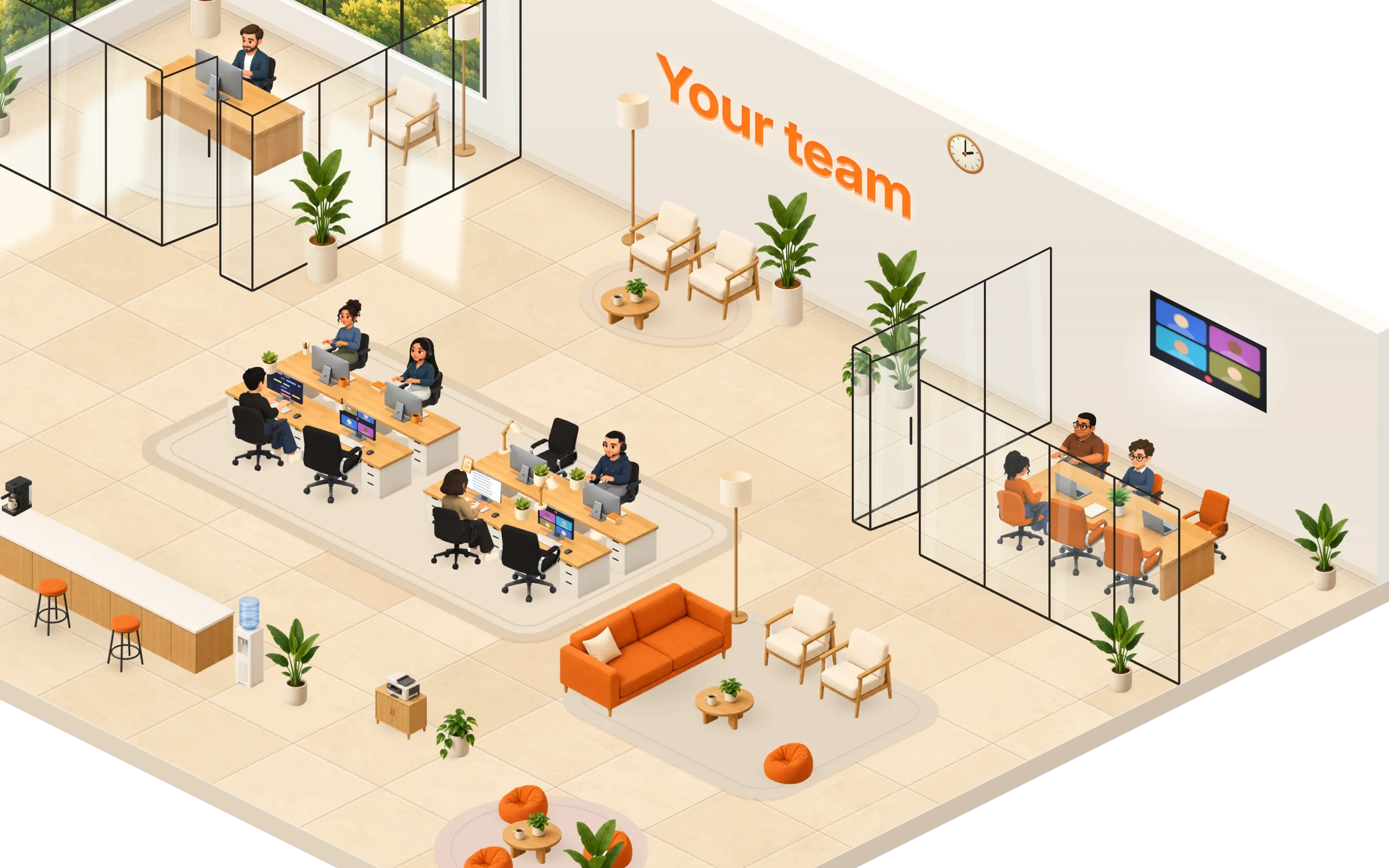 The Horapod office: the team at their desks, three of them in the meeting room.