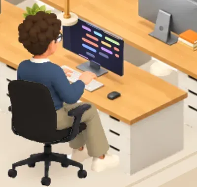 A worker in the Horapod office, typing at their desk.